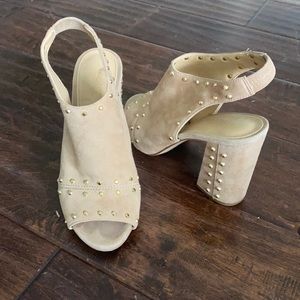 Michael Kors Astor Dk Khaki Suede Beige Studded Open Toe Block Heels Booties